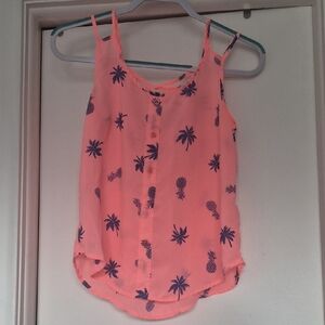 mine Coral Pink Tank with Navy Pineapple & Palm Motif